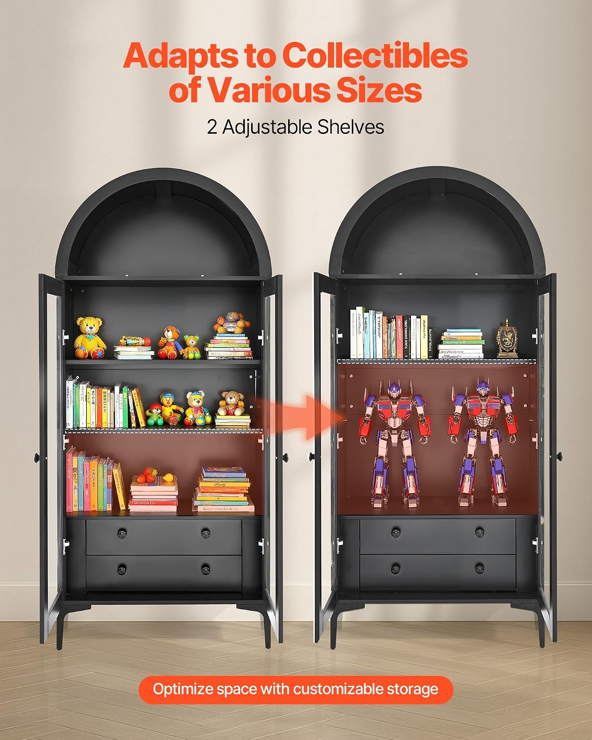 VEVOR Arched Kitchen Pantry Cabinet with Glass Doors, 70in Tall Curio Cabinet, 4-Tier Display Case with 2 Adjustable Shelves, Bookcase Bookshelf for Collectibles Storage Bedroom Living Room Office
