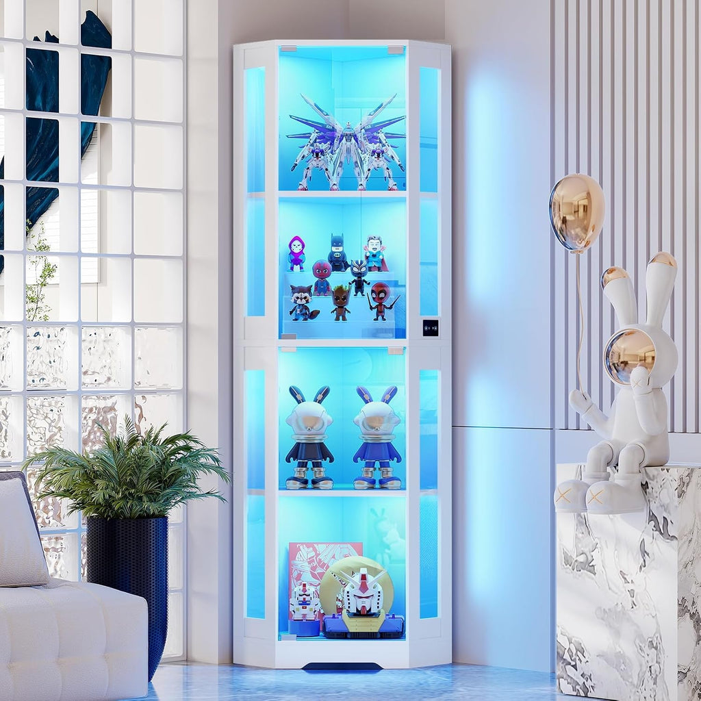 BROTTAR 65' Corner Glass Display Cabinet with LED Lights, 4-Tier Showcase Display Case with Glass Doors & Human Body Sensor, Curio Cabinet for Collectibles, Figure, Liquor, White