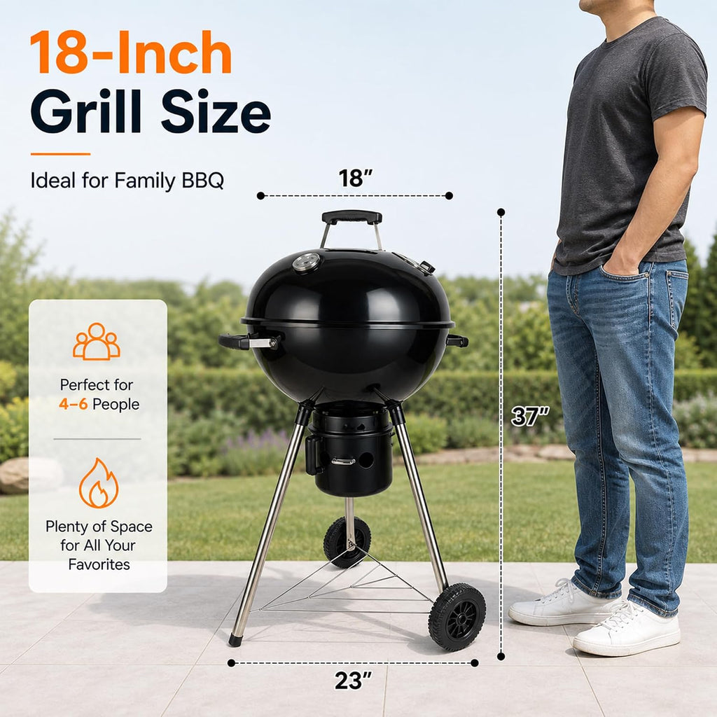 18 Inch Charcoal Grill with Lid & Ash Catcher, Kettle BBQ Grill for Backyard & Patio, Easy Temperature Control, Family Grill for 4–6 People