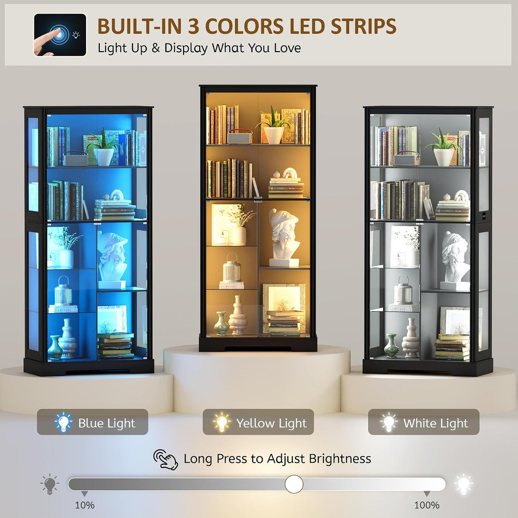 Lvifur 71' Display Cabinet with Glass Doors, Modern Curio Cabinet with 3 Color Lights, 7-Tiers Glass Display Cases for Collectibles, Tall Lego Storage Cabinet with Human Body Sensor (Black)