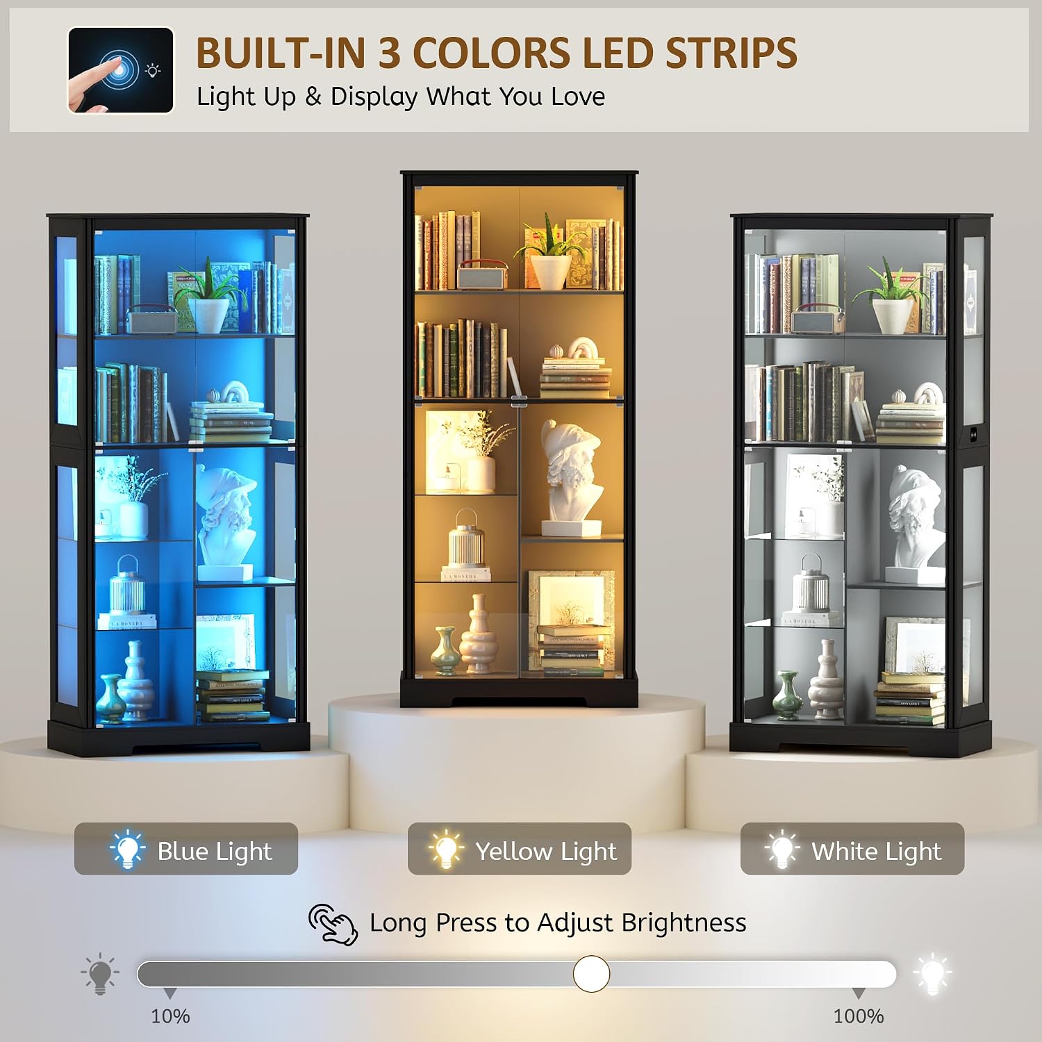 Lvifur 71' Display Cabinet with Glass Doors, Modern Curio Cabinet with 3 Color Lights, 7-Tiers Glass Display Cases for Collectibles, Tall Lego Storage Cabinet with Human Body Sensor (Black)