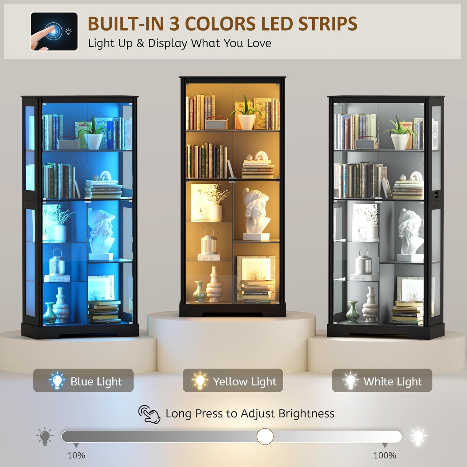 Lvifur 71' Display Cabinet with Glass Doors, LED Curio Cabinet with 3 Lights for Living Room, Modern 7-Tier Glass Display Case for Collectibles, Tall Storage Cabinet with Human Body Sensor, Black
