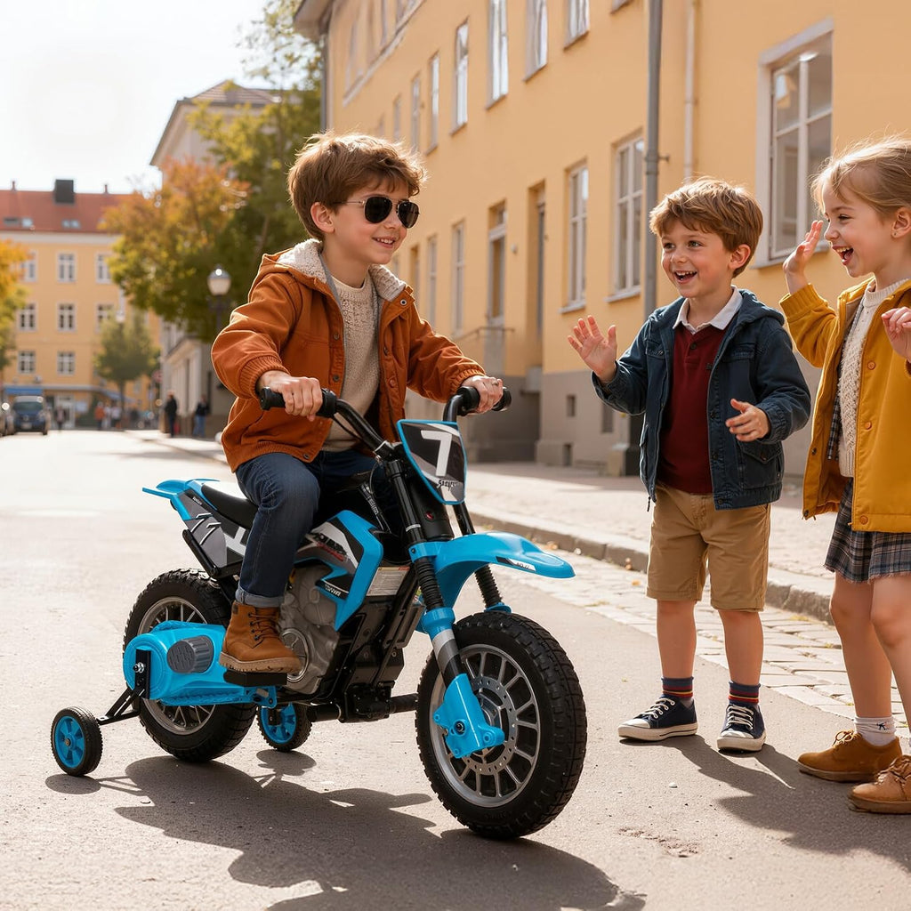 12V Kids Motorcycle w/Treaded Tires, 3.1mph Top Speed Electric Bike for Kids, Training Wheels, Music & Bluetooth, Spring Suspension, Age 3-8 Year Old, Bule