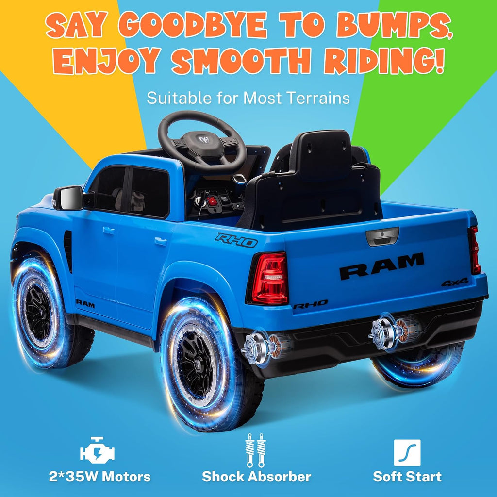 ENYOPRO 12V Licensed Ram 1500 RHO Ride on Truck, Electric Car for Kids to Drive, Toddler Ride On Toys w/Remote Control, Truck Bed Storage, Smooth Start, Bluetooth, USB, LED Lights, Max 3.5 MPH, Blue