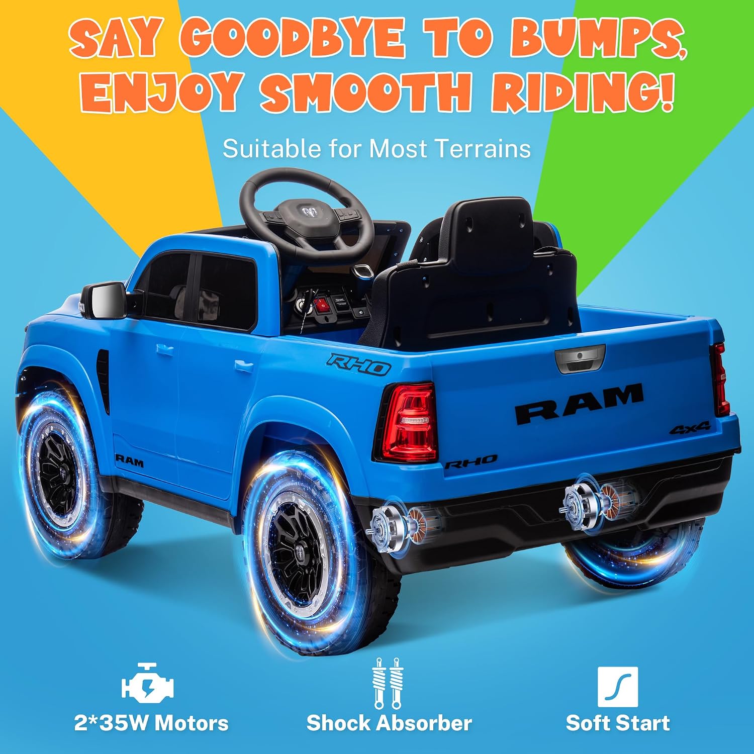 ENYOPRO 12V Licensed Ram 1500 RHO Ride on Truck, Electric Car for Kids to Drive, Toddler Ride On Toys w/Remote Control, Truck Bed Storage, Smooth Start, Bluetooth, USB, LED Lights, Max 3.5 MPH, Blue