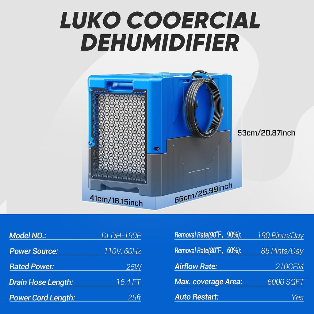 190Pints High Efficiency Commercial Dehumidifier for Basements-6000 Sq.Ft. Industrial Grade Dehumidifiers with Pump & Drain Hose for Crawl Spaces Water Damage Restoration-Auto Defrost, Memory Starting