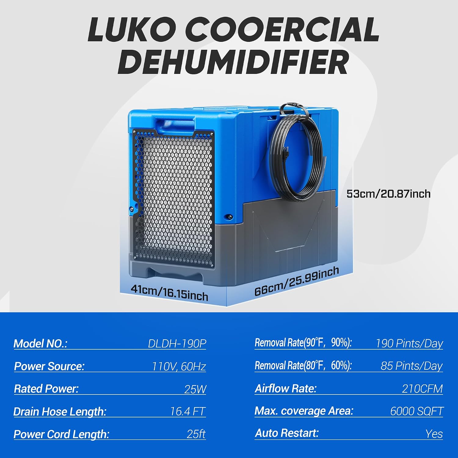 190Pints High Efficiency Commercial Dehumidifier for Basements-6000 Sq.Ft. Industrial Grade Dehumidifiers with Pump & Drain Hose for Crawl Spaces Water Damage Restoration-Auto Defrost, Memory Starting
