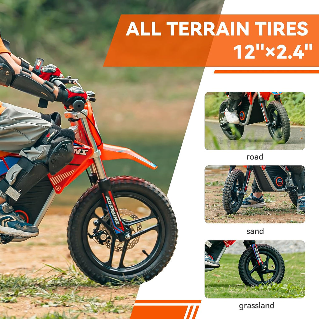 Racing Grade Electric Dirt Bike for Kids, Peak 500W Powerful Motorcycle for Ages 5-10, 36V 5.2Ah Lithium Battery, Dual Shock Absorption, 3 Speed Modes, Safe Disc Brake, 14 Inch Off Road Tires, Orange