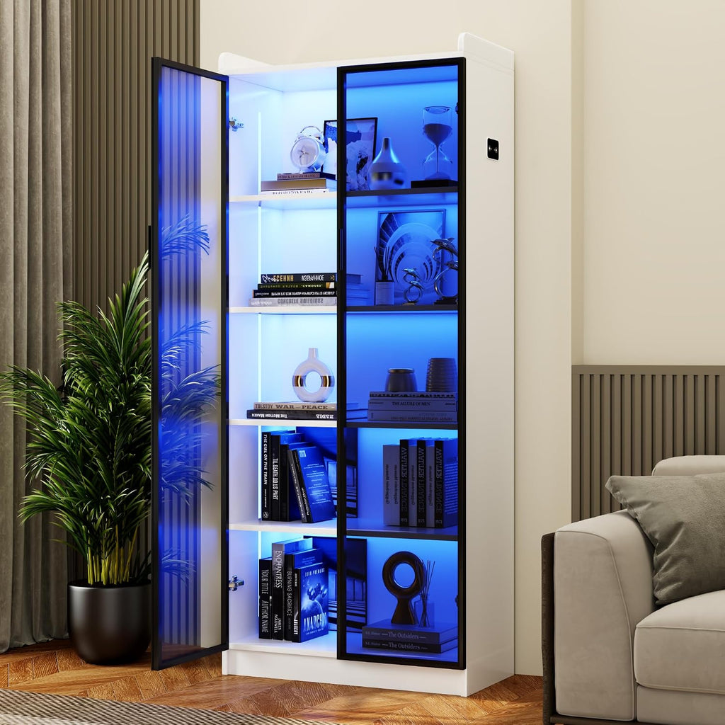 Dystler Display Cabinet with Doors and Adjustable Shelves, 65' Tall Bookcase with LED Lights/Human Sensor, 5 Tier Display Case for Collectibles Bedroom Living Room Office, White