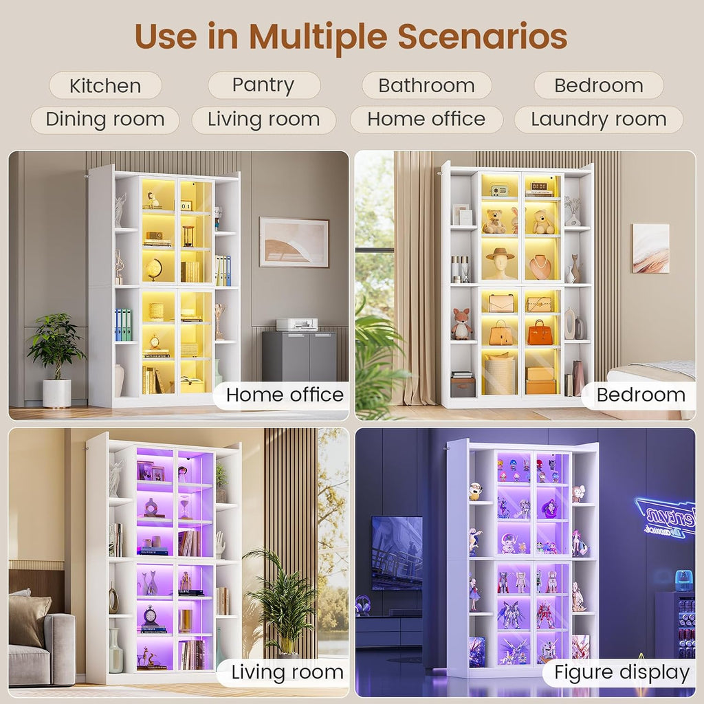 SEDETA 71' Display Cabinet with Acrylic Glass Doors, 6 Tier Curio Cabinet with LED Lights, Tall Bookcase with Adjustable Shelves, Display Cases for Collectibles, Bedroom, Living Room, Office, White