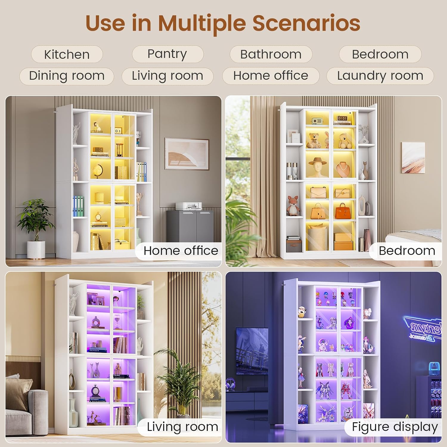 SEDETA 71' Display Cabinet with Acrylic Glass Doors, 6 Tier Curio Cabinet with LED Lights, Tall Bookcase with Adjustable Shelves, Display Cases for Collectibles, Bedroom, Living Room, Office, White