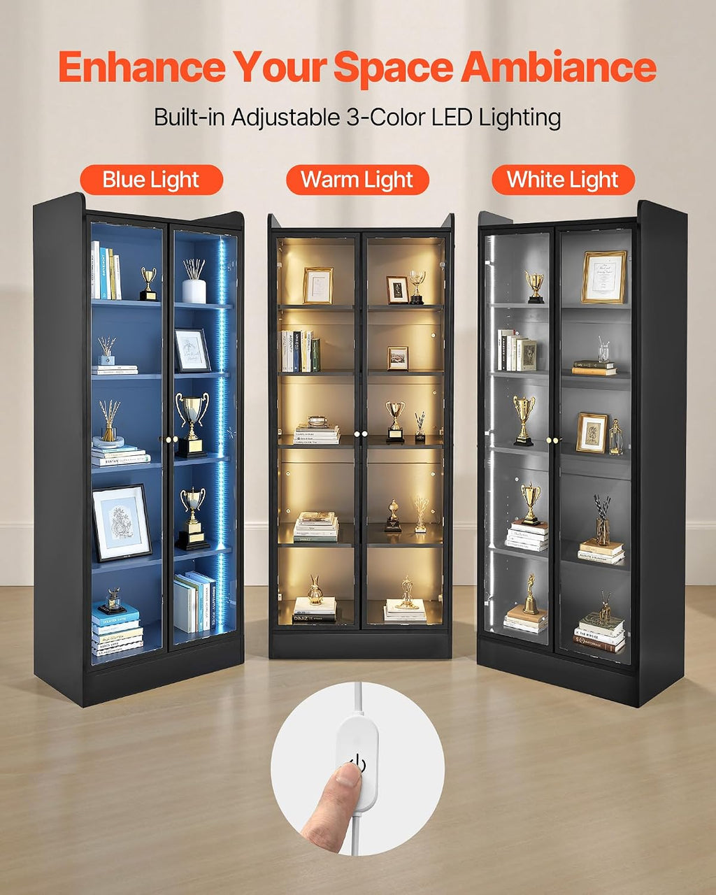 VEVOR Display Cabinet with Doors, 67in Tall Display Case with 2 Adjustable Shelves, 3 LED Lights, 5-Tier Curio Collectibles Storage Cabinet, Bookshelf Bookcase for Pantry Bedroom Living Room Office
