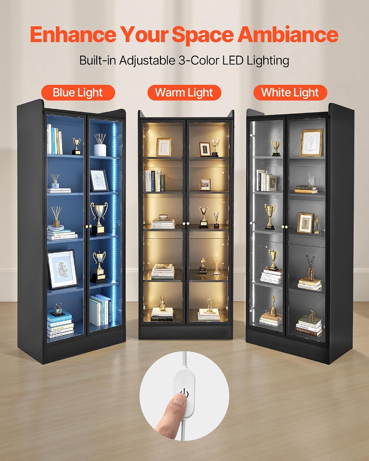 VEVOR Display Cabinet with Doors, 67in Tall Display Case with 2 Adjustable Shelves, 3 LED Lights, 5-Tier Curio Collectibles Storage Cabinet, Bookshelf Bookcase for Pantry Bedroom Living Room Office