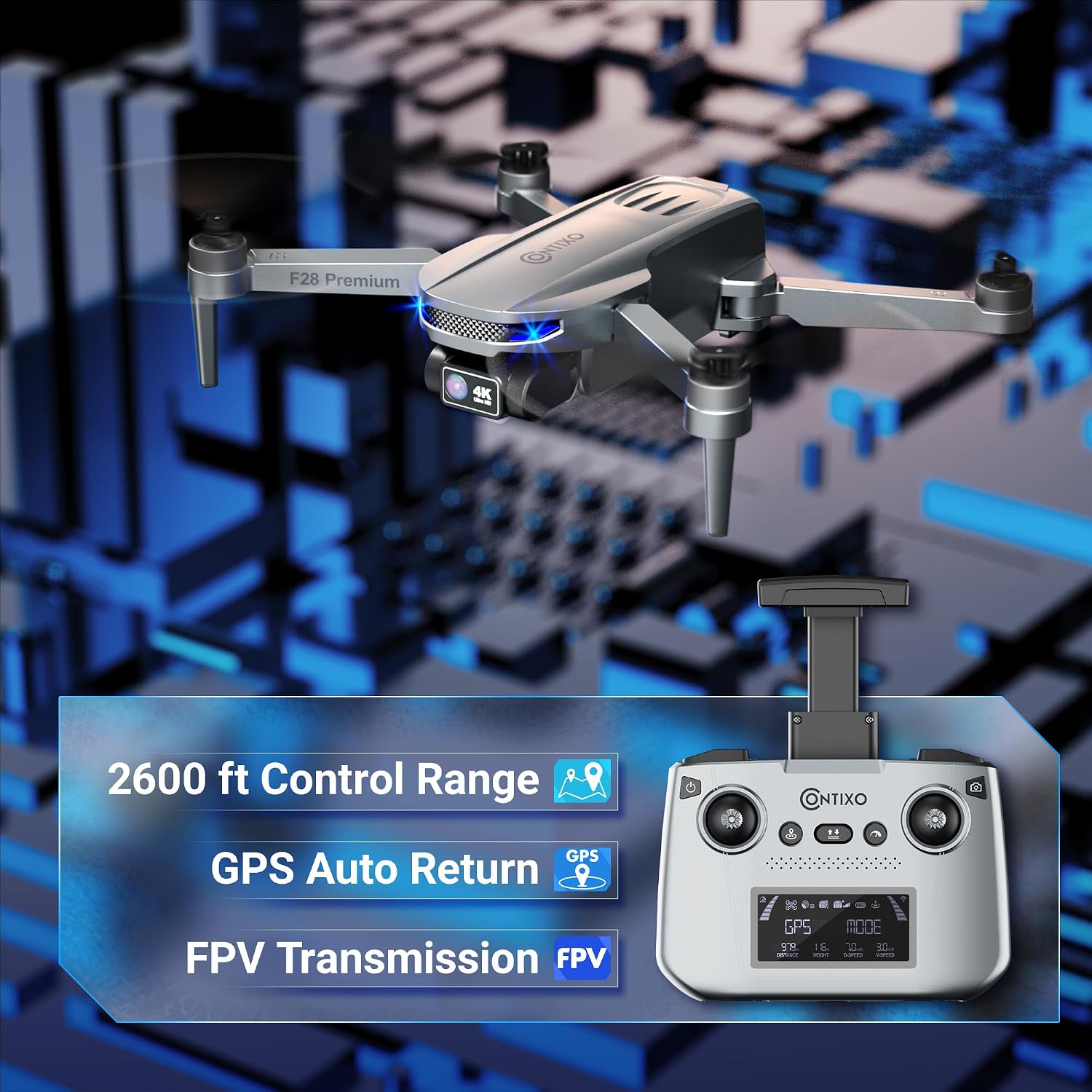 Contixo F28 Premium Two-Axis Gimbal Drone for Adults, 4K Zoom Camera, Brushless Motor, 23 Min Flight, Accurate GPS, Auto Return, Follow Me, 110° Wide-Angle FPV, Portable Foldable Drone for Beginners