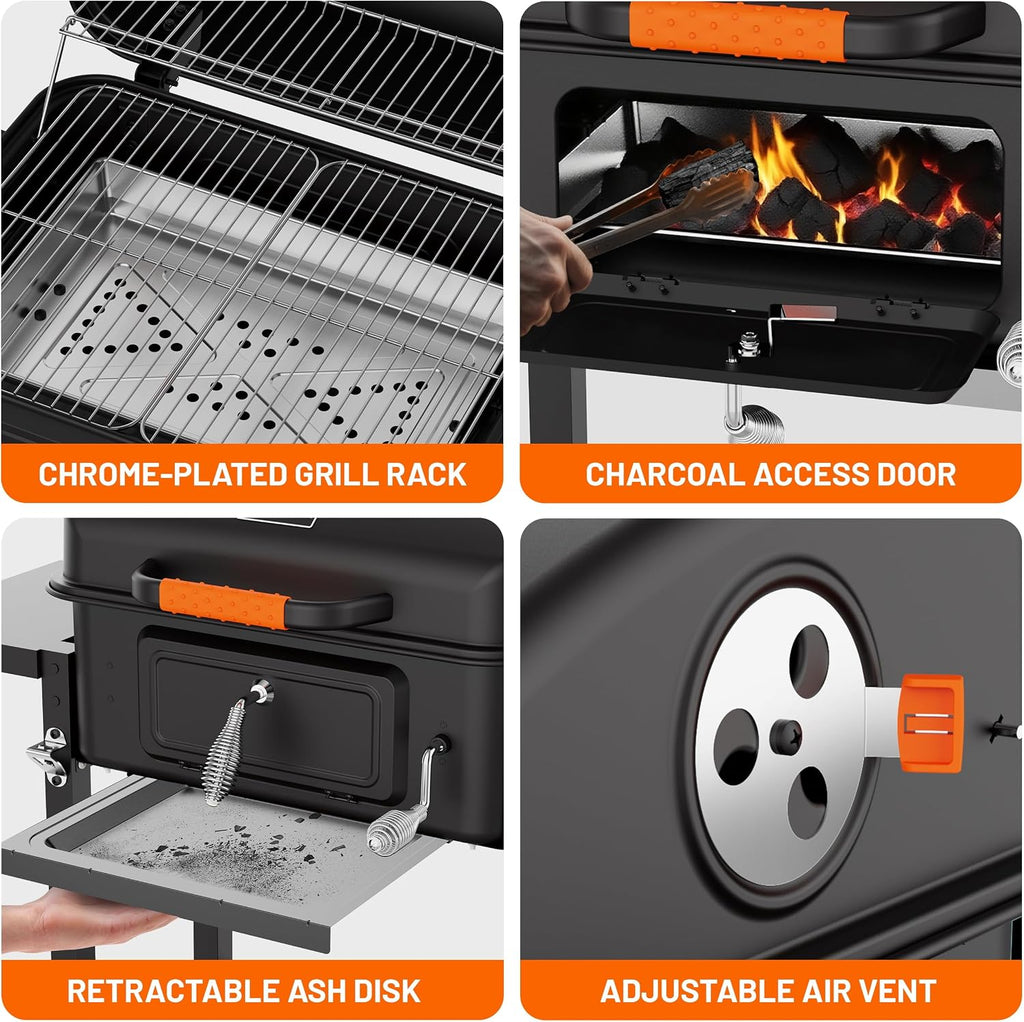 KEYO GRILL 24-Inch Barrel Charcoal Grill, Dual Venting System Outdoor BBQ Grill with Height Adjustable Charcoal Pan, Foldable Side Tables Outdoor Large Barbecue Grills for Backyard and Camping.