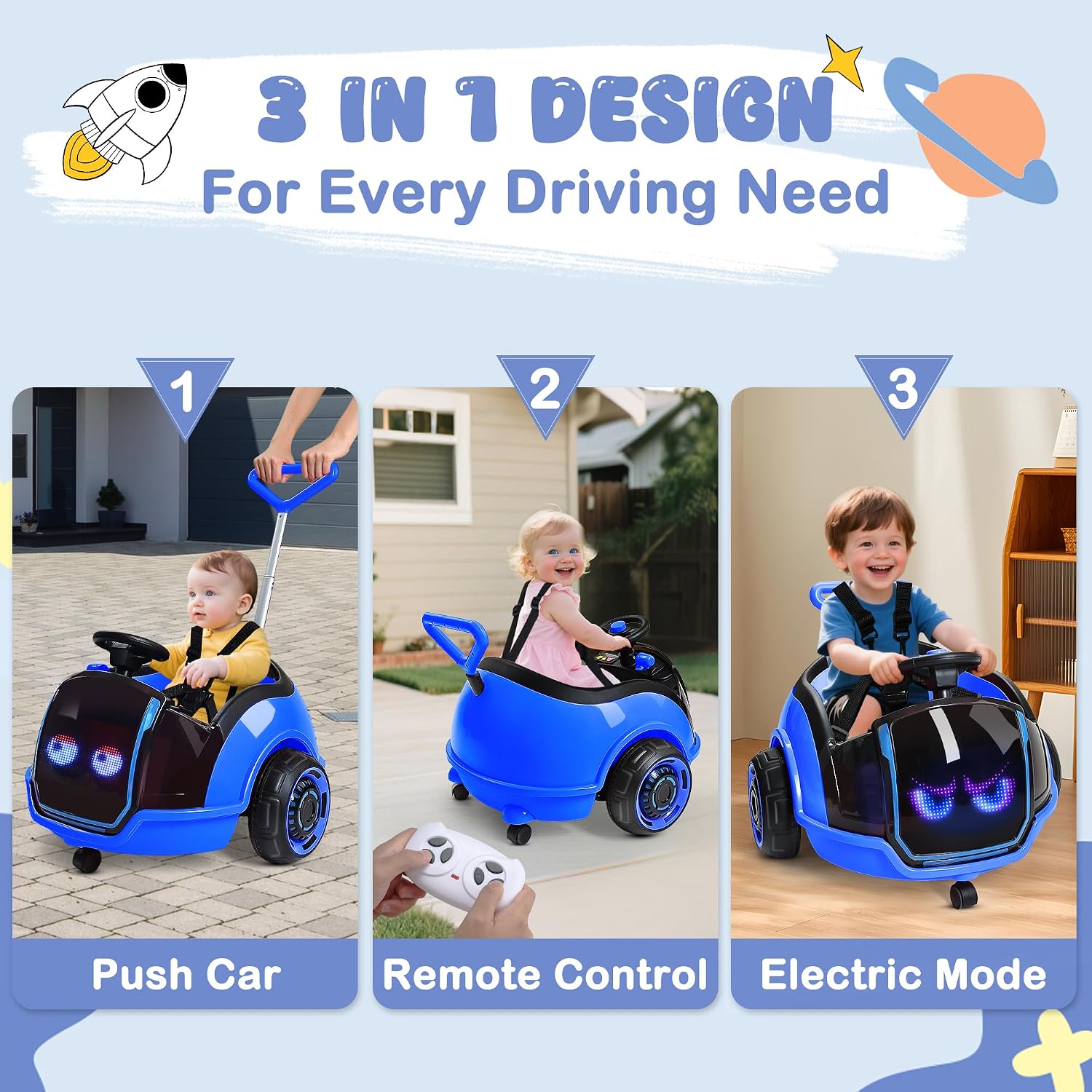 ANPABO 3-in-1 Electric Push Ride On Car, 12V Kids Ride On Toy w/Remote Control, 360° Spin, LED Display, 5-Point Safety Belt, Colorful LED Light, Music Player, Push Car for Toddler Ages 1-3 (Blue)