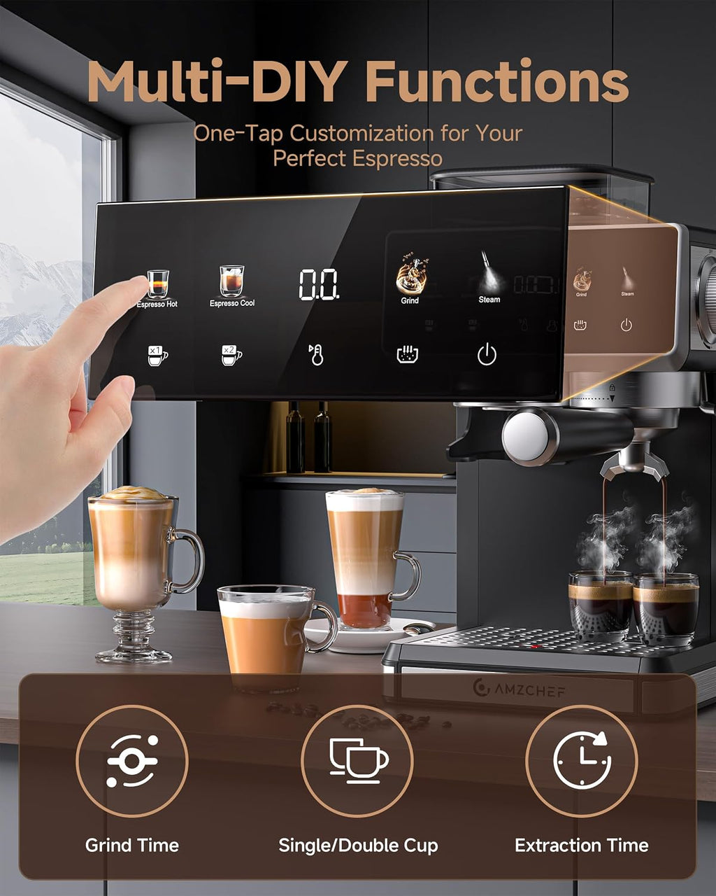 AMZCHEF 20 Bar Espresso Machine with Grinder - 3 Temp Coffee Machine with 20 Grinding Settings, Hot/Cold Brew Espresso Maker with Milk Frother, Coffee Maker for Latte/Cappuccino,61oz Water Tank, Black
