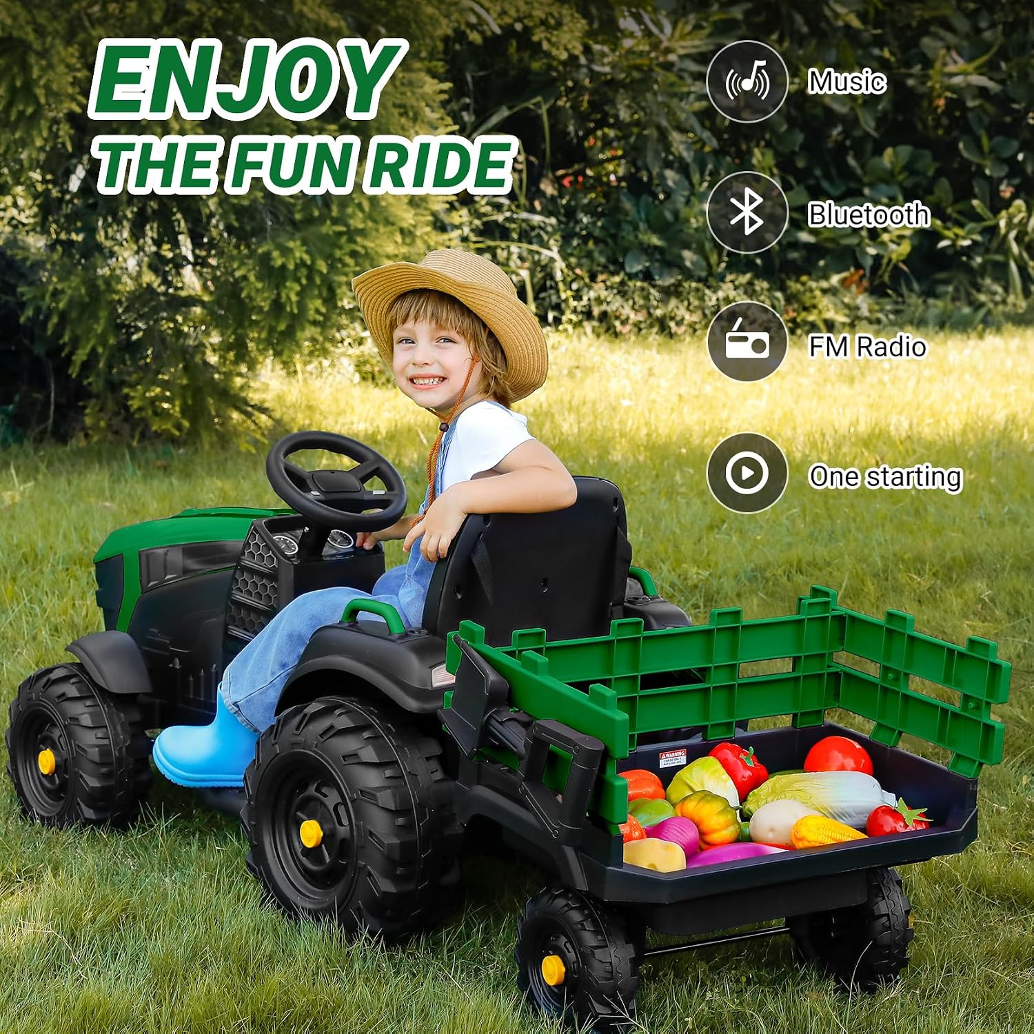 ELEMARA 24V 9AH Ride on Tractor with Easy Detachable Trailer, 400W Motors Electric Tractor Toy for Big Kids, All-Terrain Capability, Safety Design with 3-Point Seat Belt for Ages 3+, Green