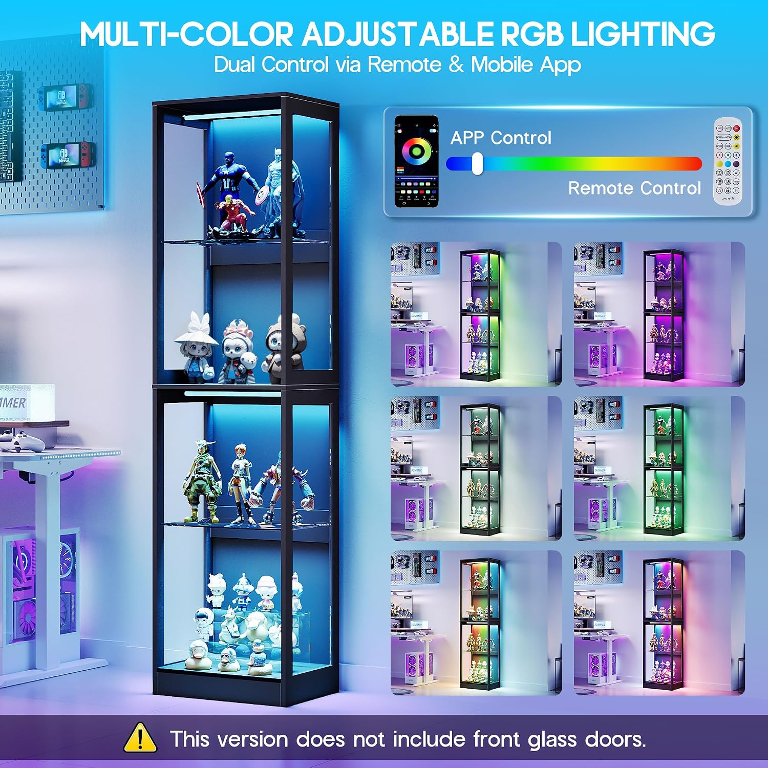 AMERLIFE RGB Display Cabinet with Adjustable Shelves, 4-Tier Storage Case with LED Lights, Modern Display Shelf for Collectibles, Black 70' H×18' L×14' D