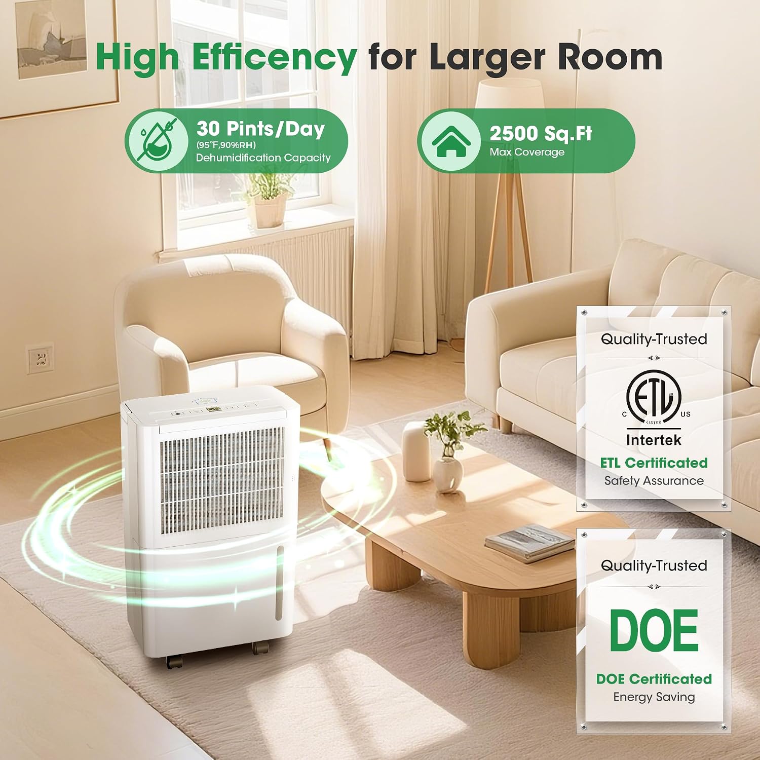 2,500 Sq.Ft Dehumidifier for Basement with Drain Hose, 30 Pint Dehumidifiers for Home with 3 Modes, Smart Humidity Control & Display, 24HR Timer, Auto Defrost for Large Room, Bathroom,Bedroom