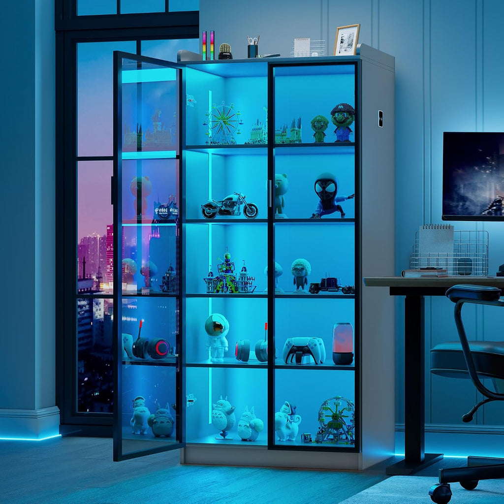 Lvifur 65' Display Cabinet with Lights, 5 Tier Curio Cabinets Bookcase with Adjustable Shelves, Tall Storage China-Cabinet with Human Body Induction for Living Room (Grey)