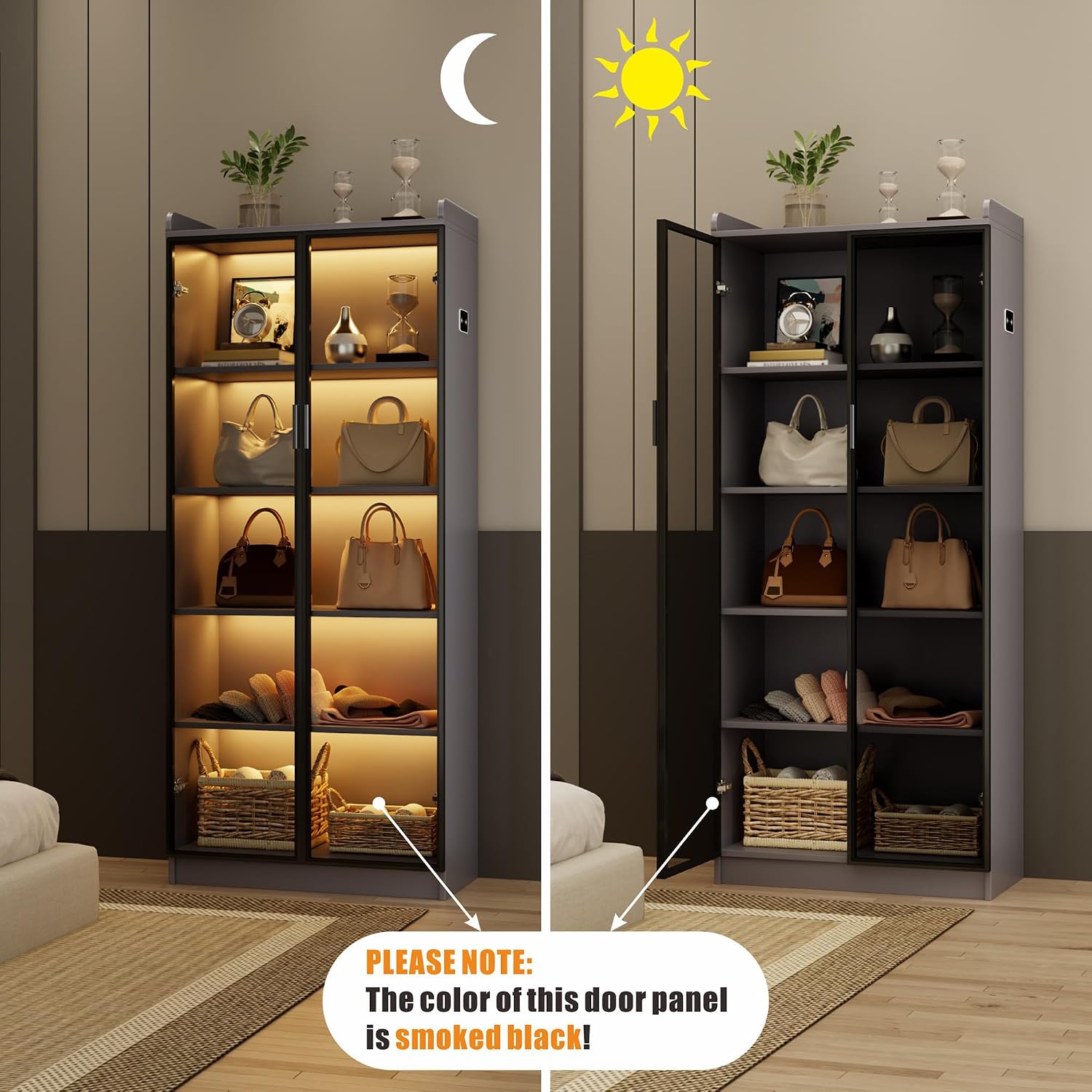 Dystler 65' Tall Display Cabinet with Doors, Lighted Bookcase with Lights/Human Sensor, 5 Tier Display Case with Adjustable Shelves for Collectibles Bedroom Living Room Office, Grey-Smoked Black Door
