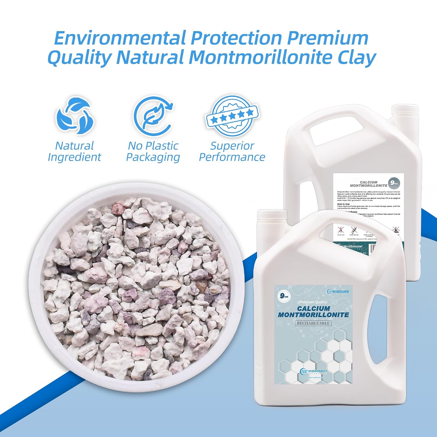 Wisesorb 36 LBS Desiccant Calcium Montmorillonite, Rechargeable Dessicant Dehumidifiers Desiccant Moisture Absorber, 4 Pack of 9 LBS