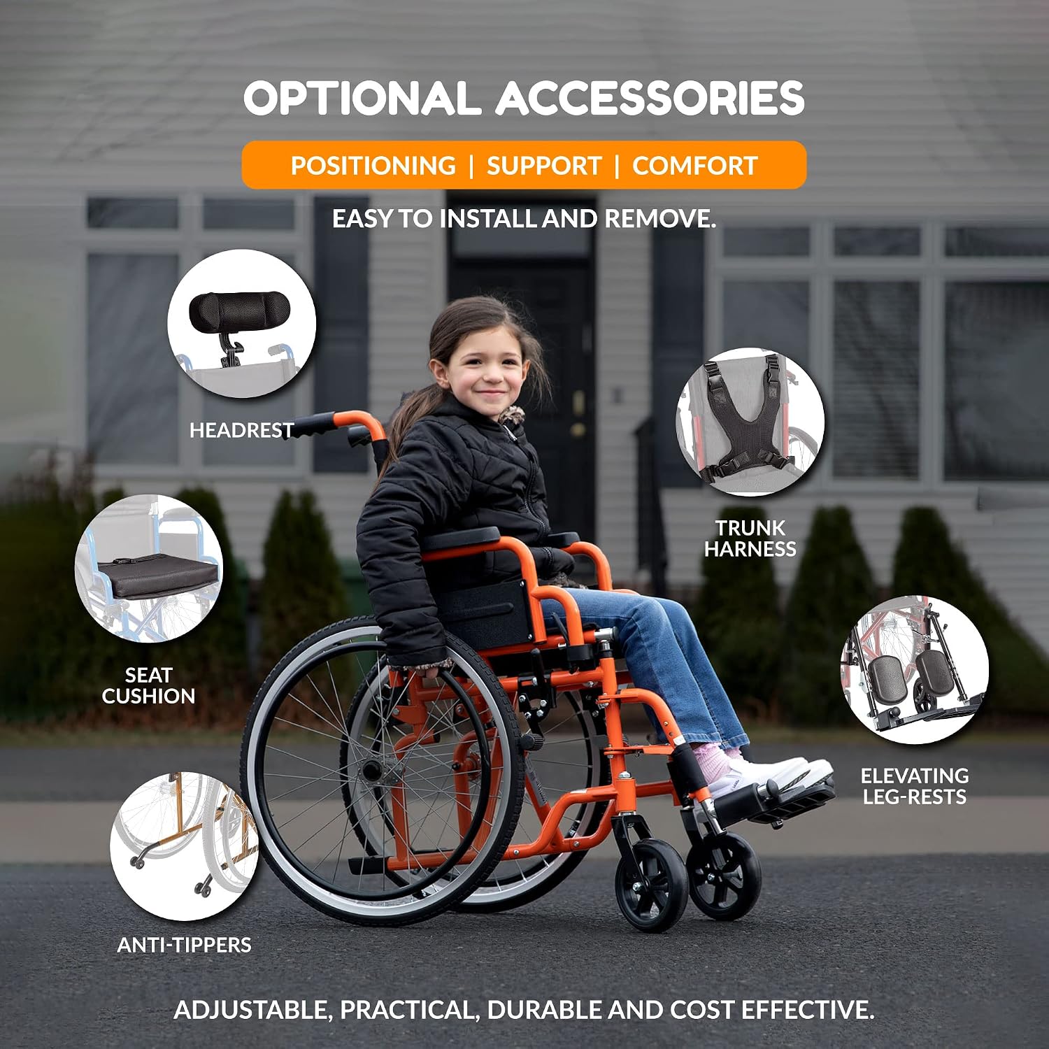Ziggo 12' Seat Width Pediatric Wheelchair for Kids & Children, Lightweight, Manual Folding Wheelchair w/Safety Belt, Swing-Away Foot Support w/Straps, Desk Length Arm Rests