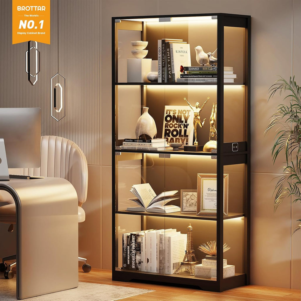 BROTTAR Display Cabinet with Glass Doors, 4-Tier Curio Cabinet with 3 Color Lights for Collectibles, Glass Display Case with Human Body Sensor, Bookcase with 4 Shelves, Storage Cabinets, Black