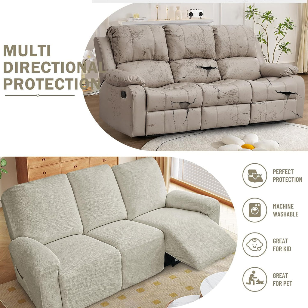 vctops 8 Pieces Cotton Linen Recliner Sofa Covers Rustic Stretch Soft 3 Seats Couch Cover Anti-Slip Sofa Slipcover Furniture Protector with Elastic Bottom for Kids Pet (Beige Grey,3 Seat)