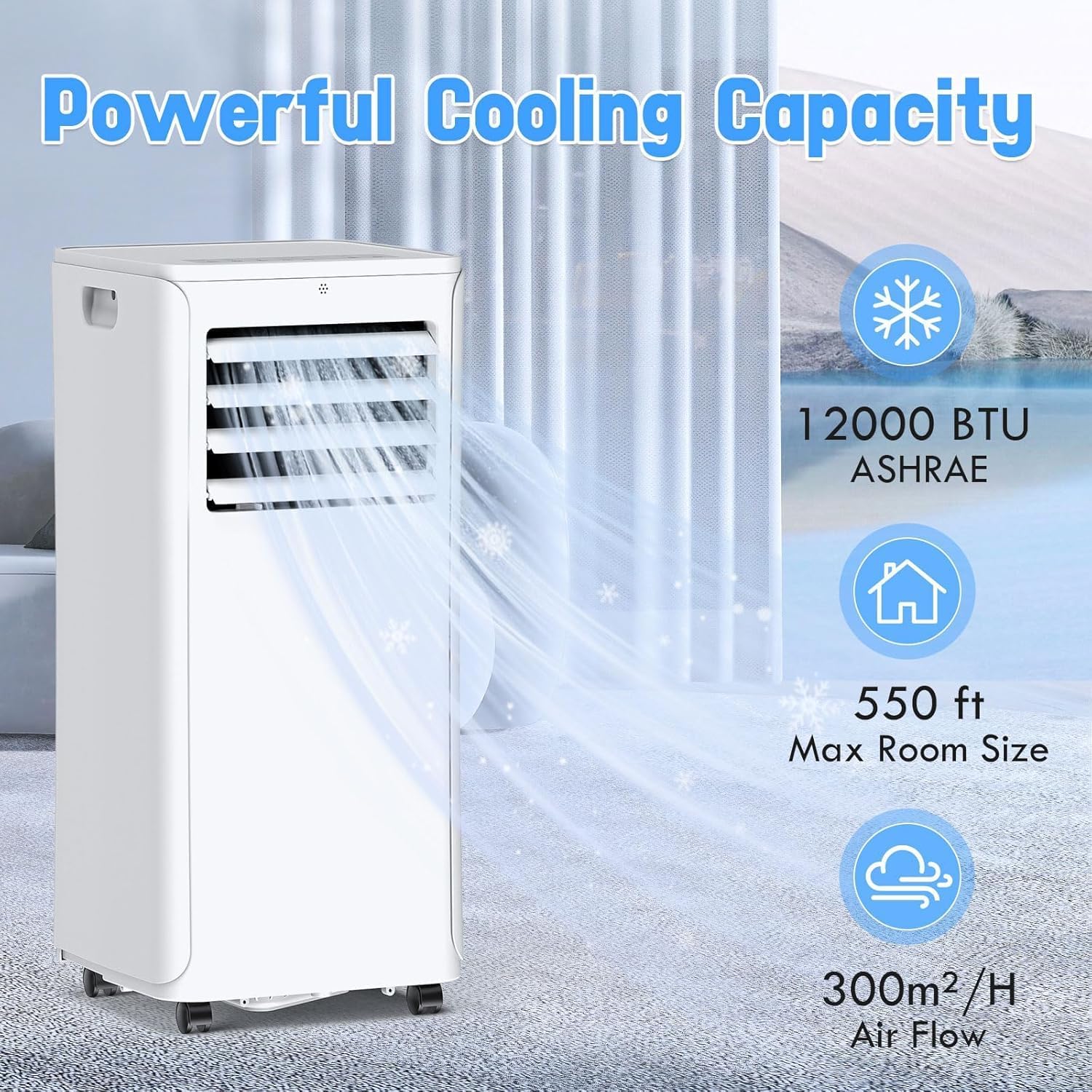 12,000 BTU Portable Air Conditioner With Heat, Wifi 3-in-1 AC Unit with Dehumidifier & Fan, Quiet Operation for Bedroom, Cools up to 550 sq.ft, 24-Hour Timer, Remote & Window Installation Kit
