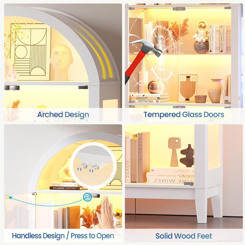 Lvifur Display Cabinet with - Glass Doors,Arched Curio Cabinet with RGB Lights for Collectibles,5-Tiers Tall Display Case with Human Sensor,Showcase Cabinet with Glass Shelf for Living Room (White)