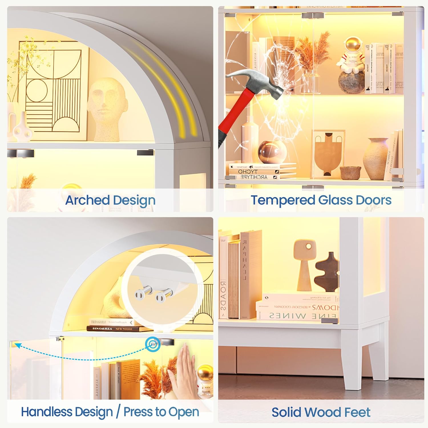 Lvifur Display Cabinet with - Glass Doors,Arched Curio Cabinet with RGB Lights for Collectibles,5-Tiers Tall Display Case with Human Sensor,Showcase Cabinet with Glass Shelf for Living Room (White)