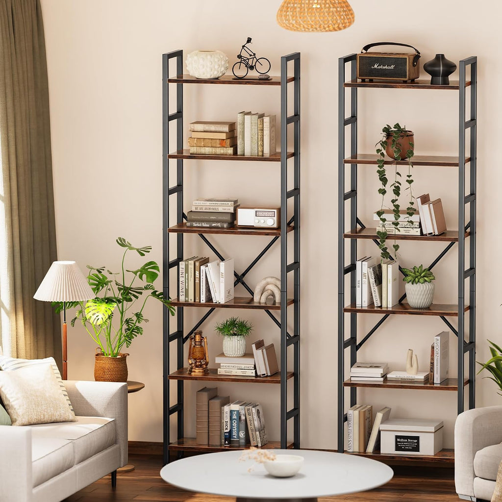 SUPERJARE Triple Bookshelf, Bookcase with 17 Open Display Shelves, Wide Book Shelf Book Case for Home & Office, 6 Tier, Brown