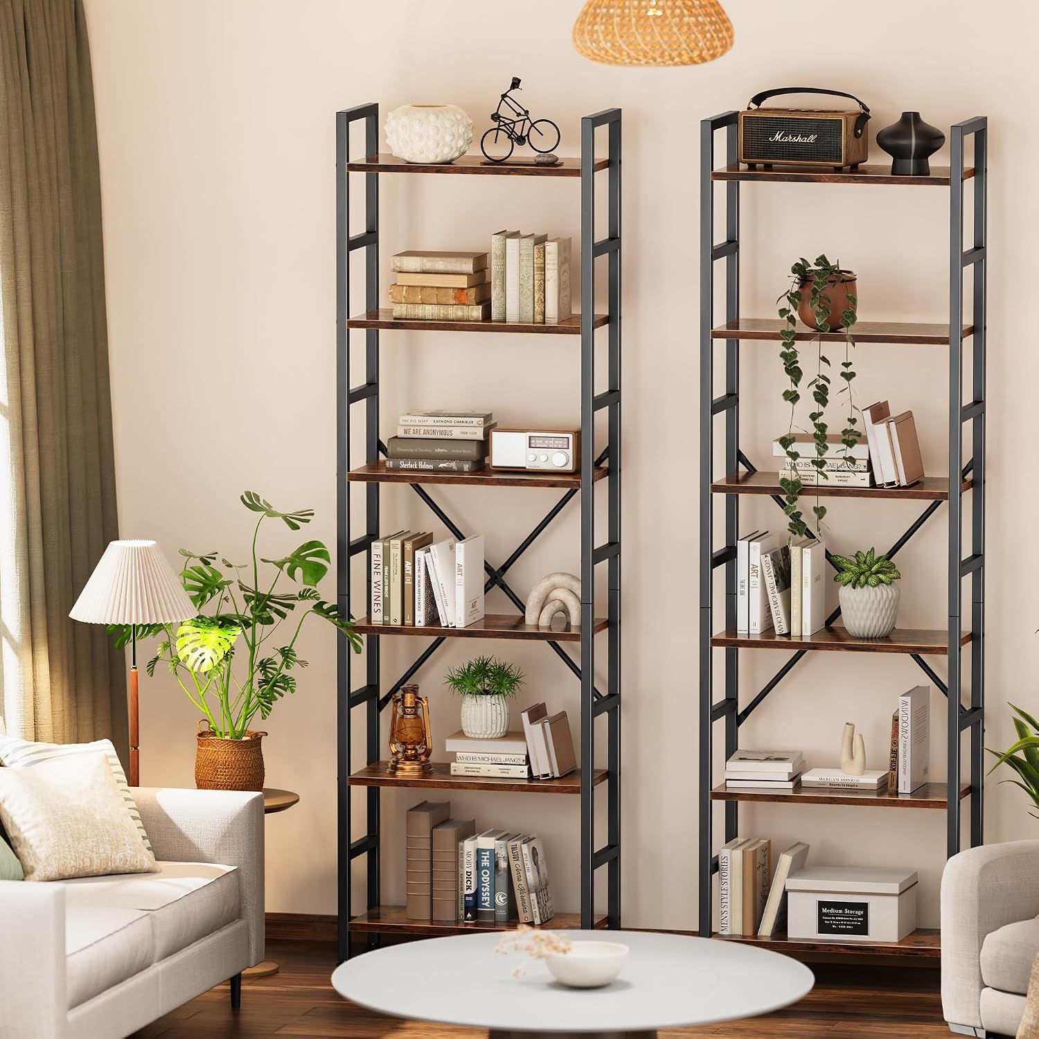 SUPERJARE Triple Bookshelf, Bookcase with 17 Open Display Shelves, Wide Book Shelf Book Case for Home & Office, 6 Tier, Brown