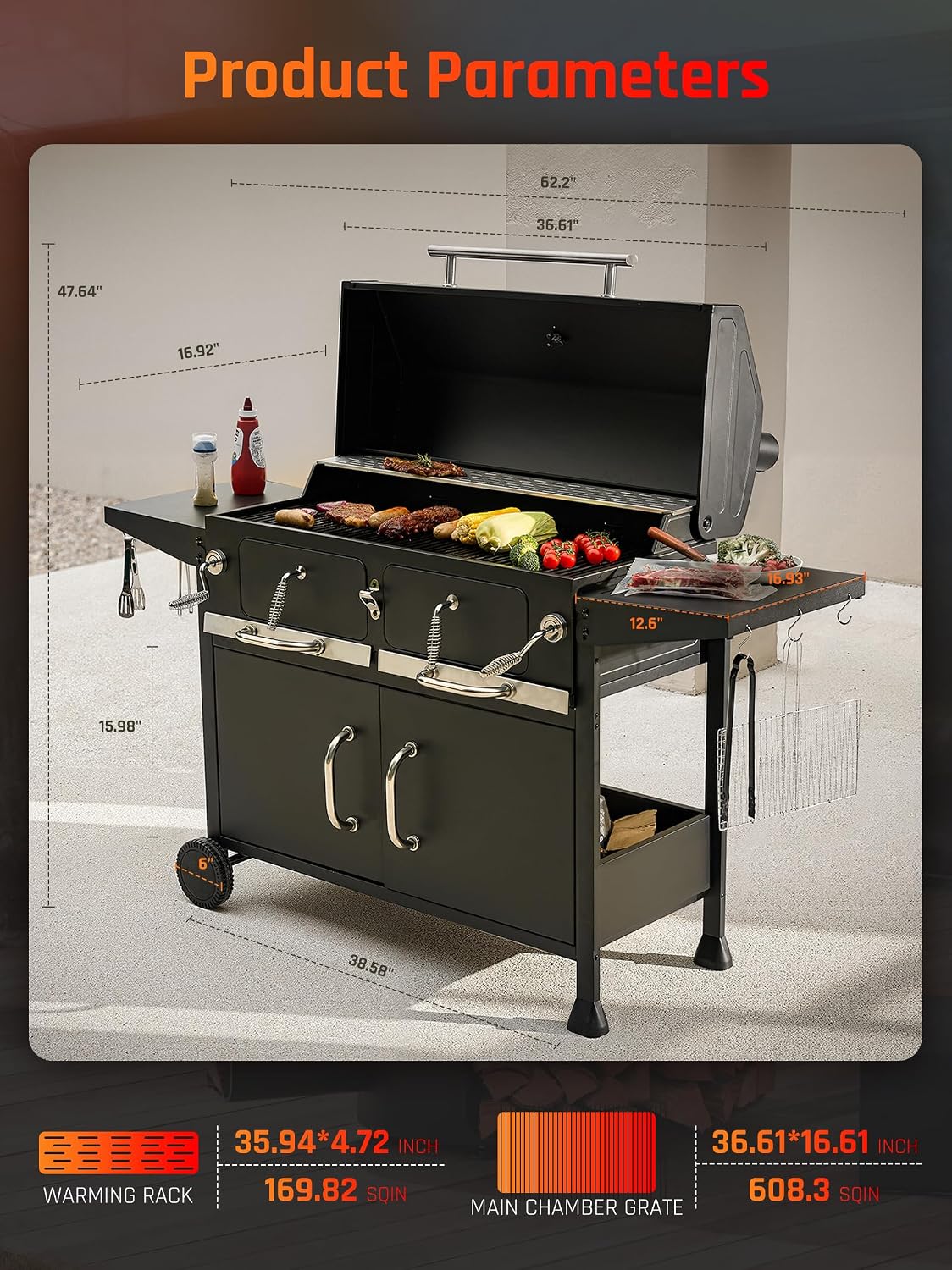 NATURAL EXPRESSIONS Charcoal Grills BBQ grill,36 in Large Smoker Grill with Dual-Zone Lifting Trays,Heavy Duty Charcoal Grill with Foldable Side Tables,Large Outdoor Grill for Backyard,BBQ,Party