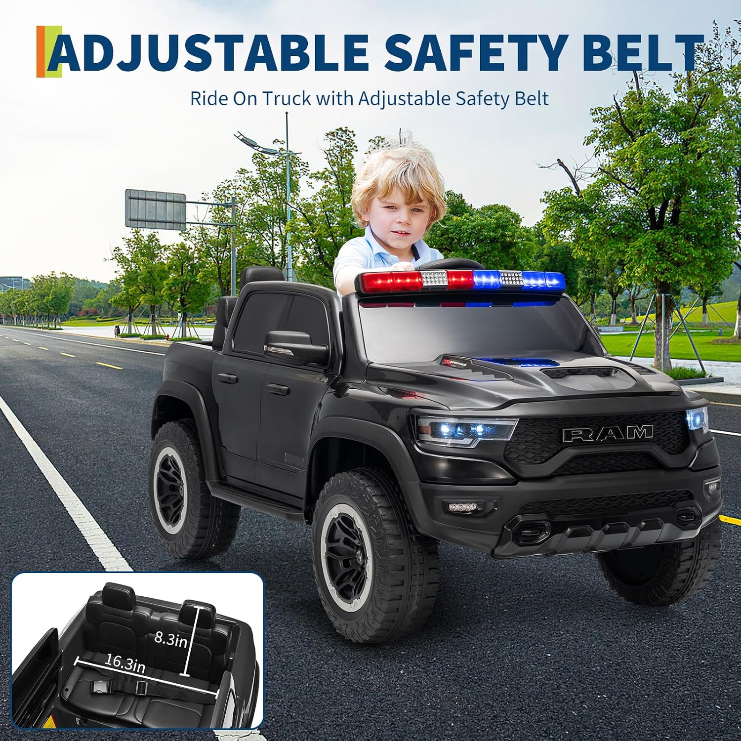 Garvee Ride On Car, Licensed RAM 12V Kids Ride On Police Car with Remote Control, Electric Pickup Truck for Toddlers, 3 Speeds, Spring Suspension, LED Lights & Parent Safety Lock