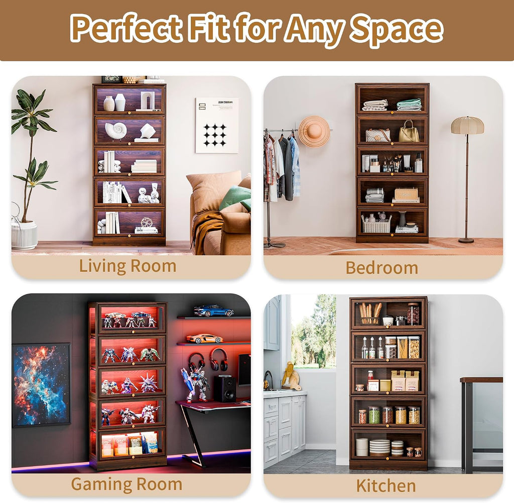 Display Cabinet with Acrylic Glass Doors,5-Tiers Curio Cabinet with LED Lighting for Collectibles, Collectibles Toy Organizers Rack & Display Shelf Display Case Storage Cabinet, Walnut