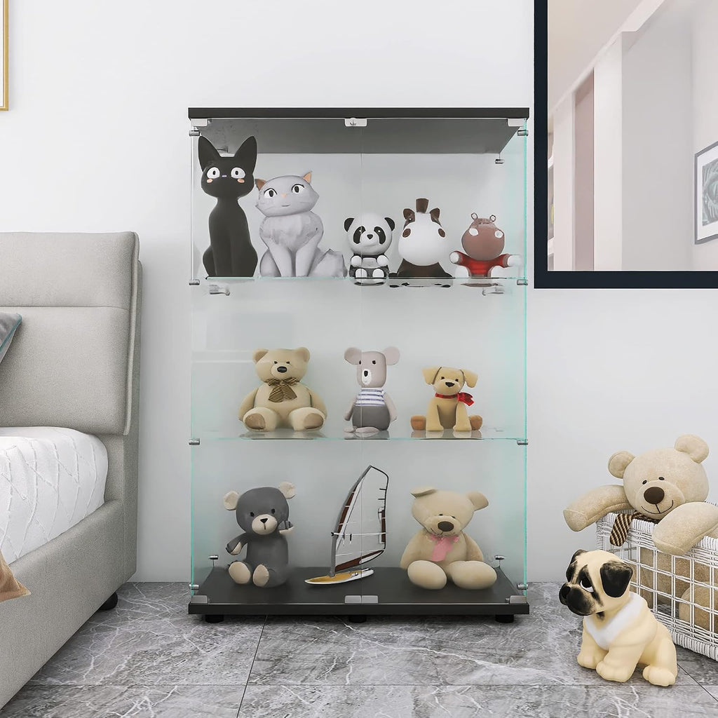 LFT HUIMEI2Y Glass Display Cabinet 3-Shelf with Double Door, Curio Cabinets Fast Installation in 30 Mins, 5mm Tempered Glass Floor Standing Bookshelf for Bedroom, Living Room 49.1'x 31.7'x 14.4' Black