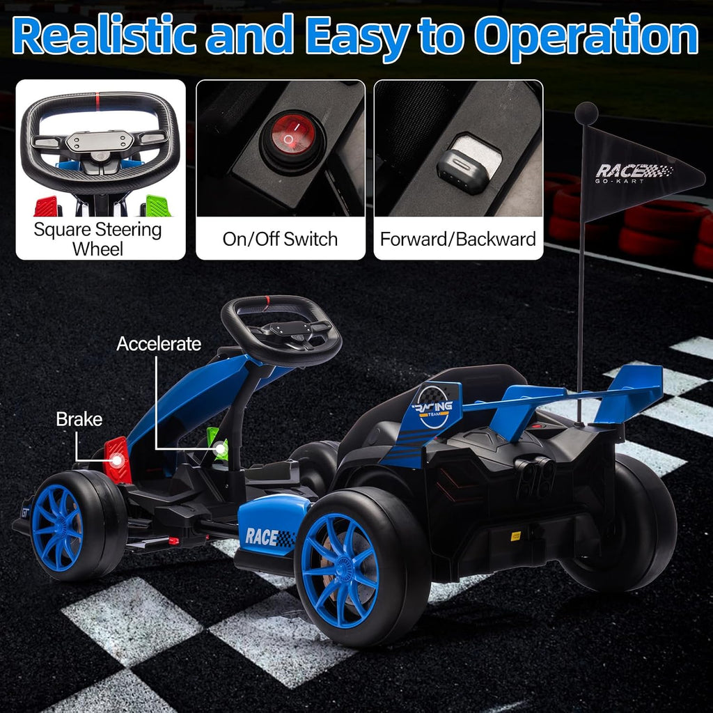 GarveeLife 24V Kids Ride on Go Kart, 7.5 mph Variable High Speed Drifting Car, 7ah Battery 200W*2 Motors,Adjustable Legroom for Kids Grows, Max Load 135 LBS, Power Display Racing Toy for 6+,Blue