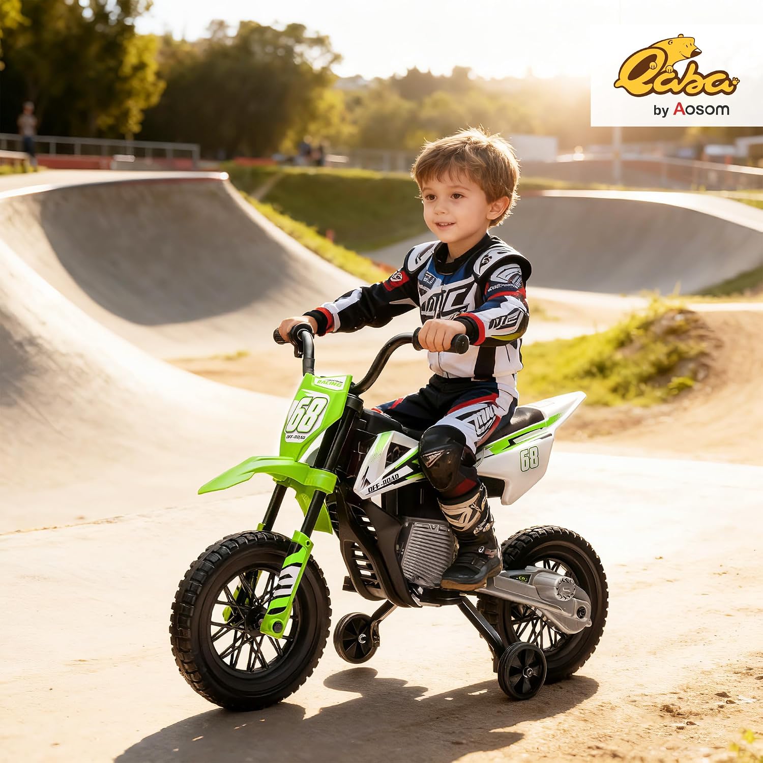 Qaba Kids Dirt Bike with Twist Grip Throttle, 12V Electric Motorcycle, Electric Bike for Toddler with Training Wheels, Spring Suspension & Music, Green