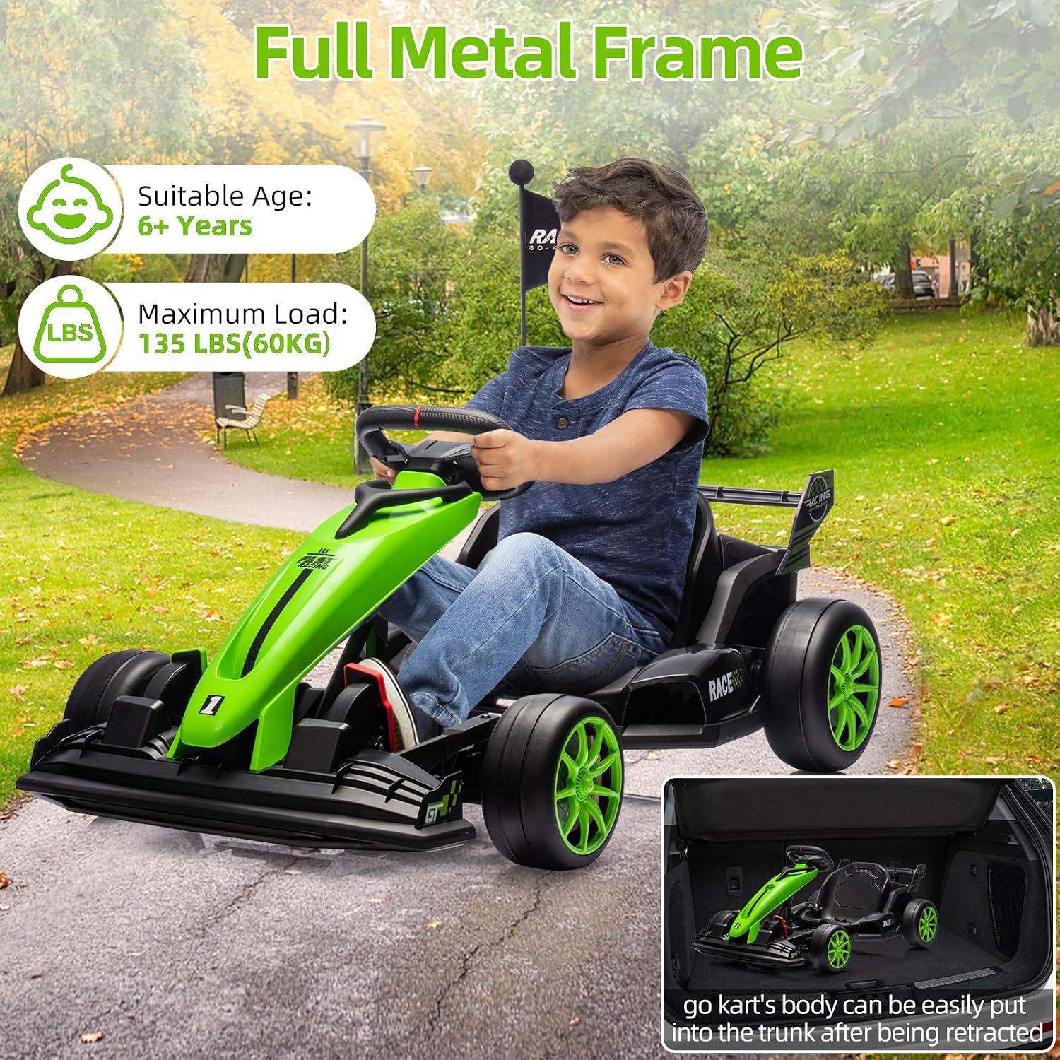 GarveeLife 24V Kids Ride on Go Kart, 7.5 mph Variable High Speed Drifting Car, 7ah Battery 200W*2 Motors,Ajustable Legroom for Kids Grows, Max Load 135 LBS, Power Display Racing Toy for 6+,Green