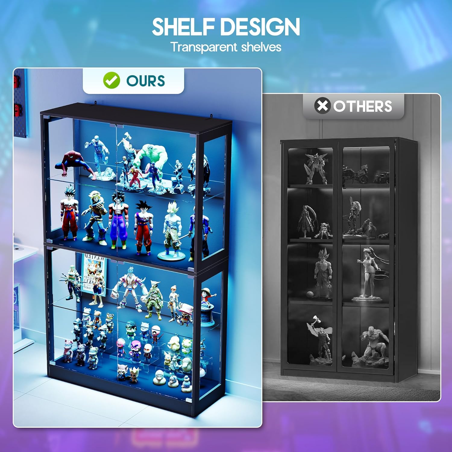 AMERLIFE RGB Display Cabinet with Adjustable Glass Shelves, 4-Tier Storage Case with LED Lights & Press-to-Open Doors, Modern Display Shelf for Collectibles, Black 70' H×32' L×16' D