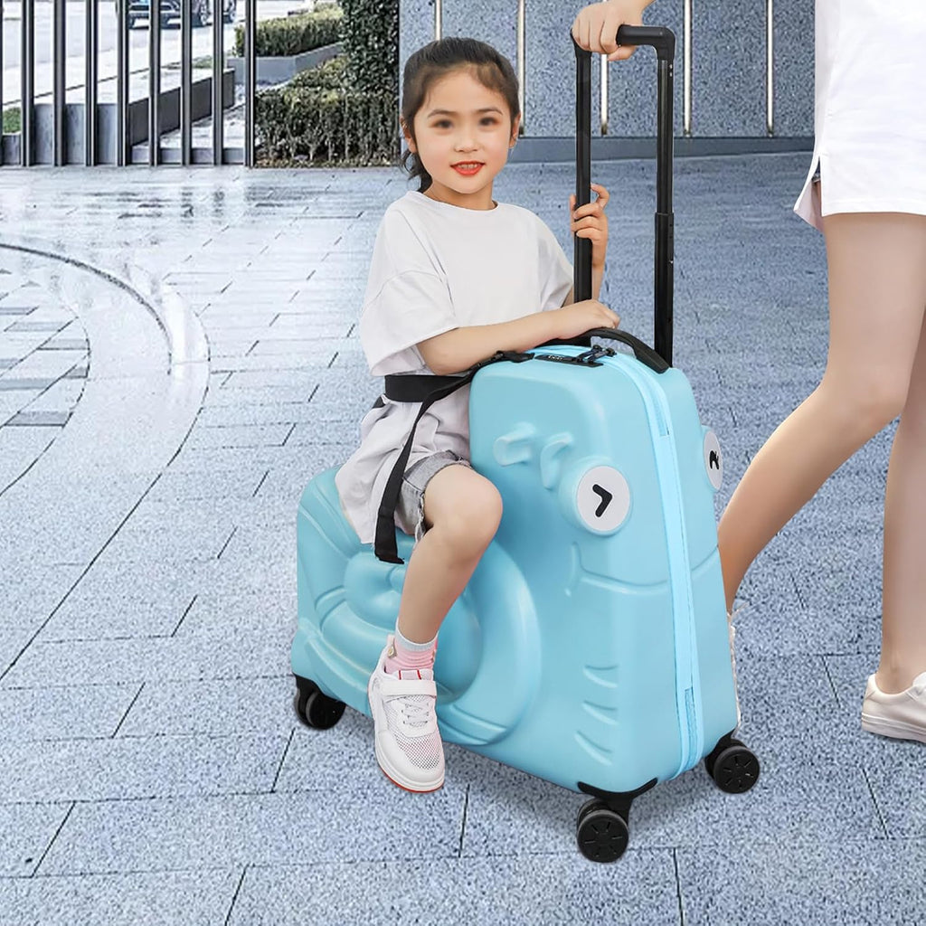 Blue 20-Inch Kids Ride-On Luggage with Spinner Wheels, Sit-On Carry-On Trolley Suitcase, Toddler Travel Trunk with Password Lock, Lightweight Cabin Case for Boys Girls, Under-Seat Size, Ride Box