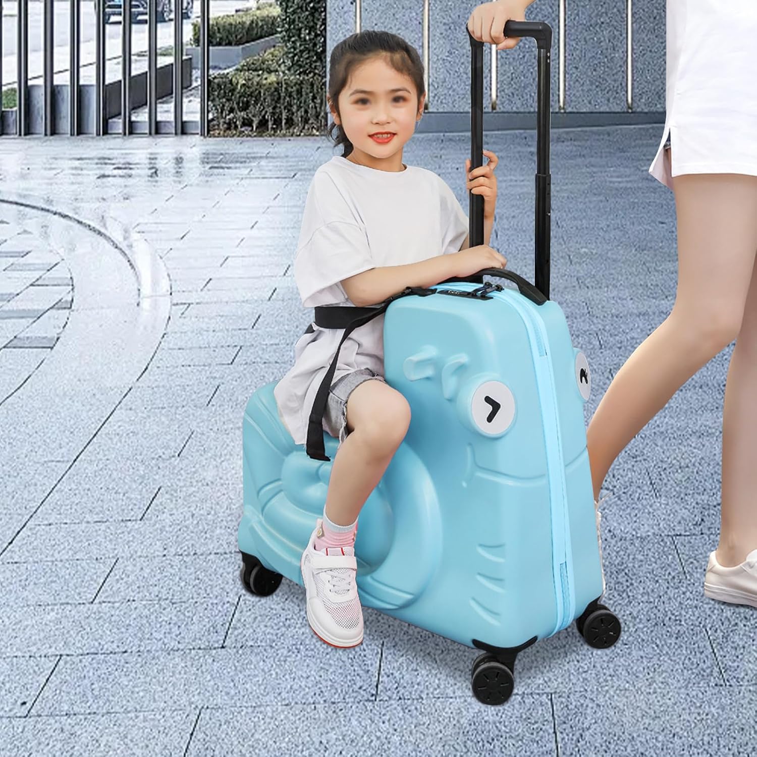 Blue 20-Inch Kids Ride-On Luggage with Spinner Wheels, Sit-On Carry-On Trolley Suitcase, Toddler Travel Trunk with Password Lock, Lightweight Cabin Case for Boys Girls, Under-Seat Size, Ride Box