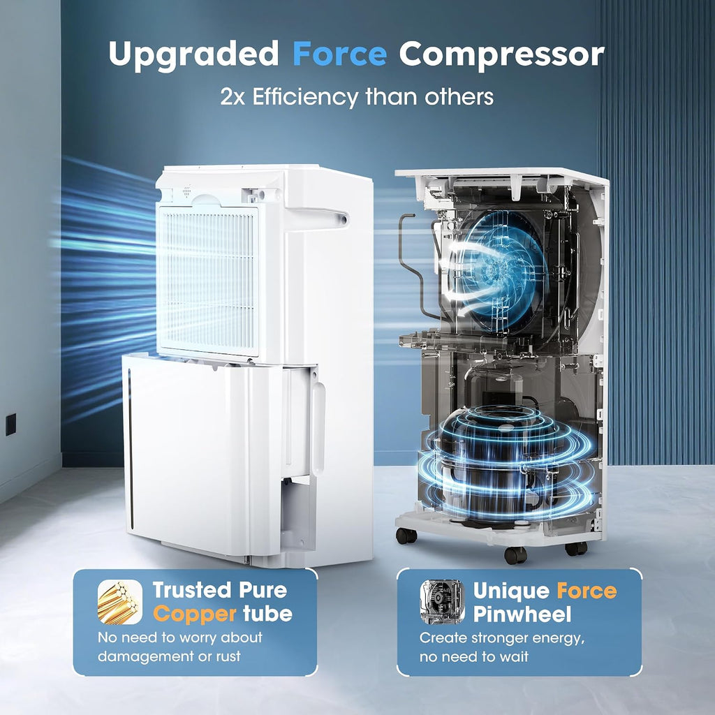 6,500 Sq. Ft Smart Dehumidifier for Basement With Drain Hose, 60 Pints Dehumidifiers for Home, Auto Defrost, Ideal for Large Room, Bathrooms & Bedrooms (White)