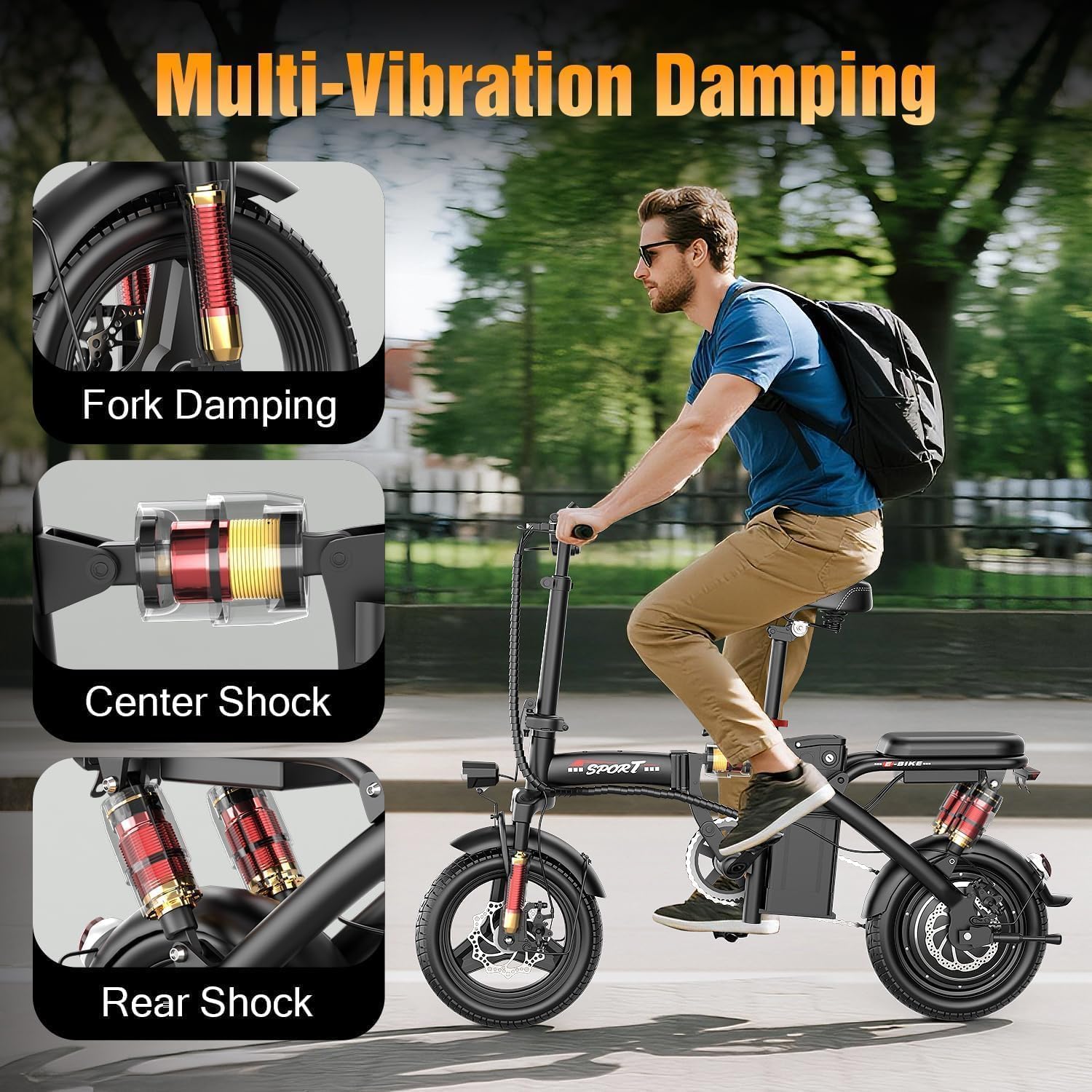 ASKGO Electric Bike for Adults Teens, 800/1200W Peak Folding Ebike, 22/25MPH & 30/45 Miles Range, Dual Suspension & Dual Brake, 3-Speed Modes, 14' Portable Electric Mini Bike, Commuting Ebike