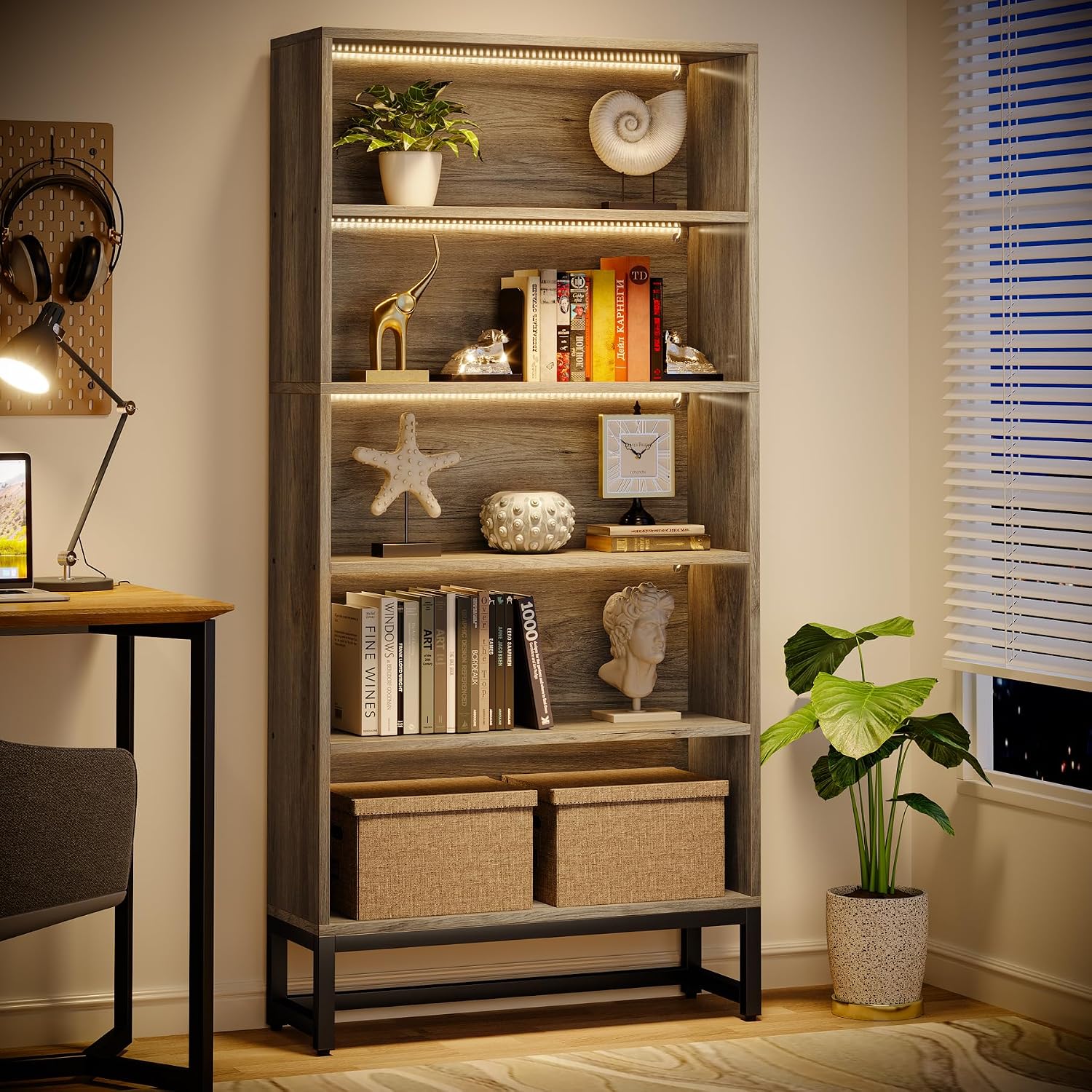 Tribesigns Tall Bookcase Bookshelf, 70.8' Large Bookcases Organizer with LED Lights, Heavy Duty Free-Standing Library Bookshelf with 5-Tier Storage Shelves for Living Room, Bedroom (Gray)