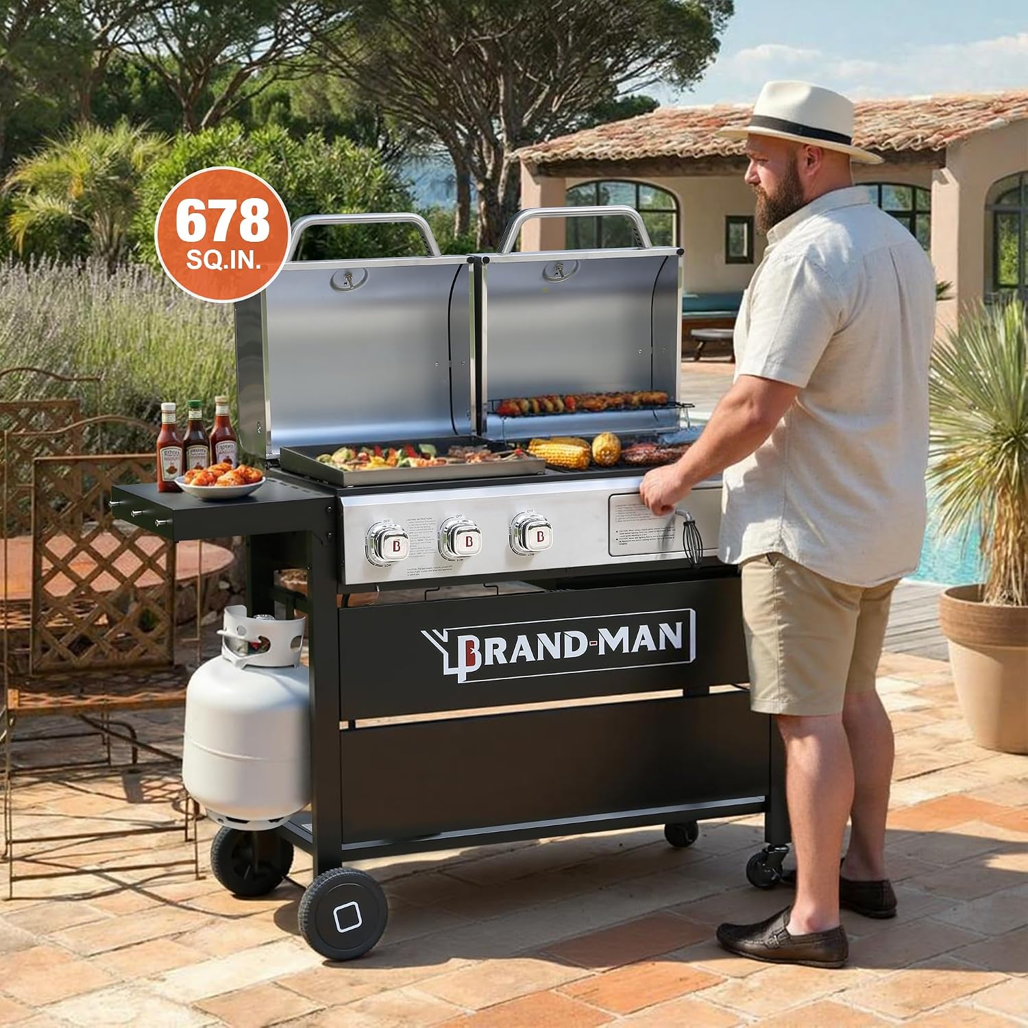 Brand-Man Propane Gas and Charcoal Grill Combo,Grill and Griddle Combo Dual Fuel BBQ Grill with Dual Lids for Outdoor Barbecue, Black