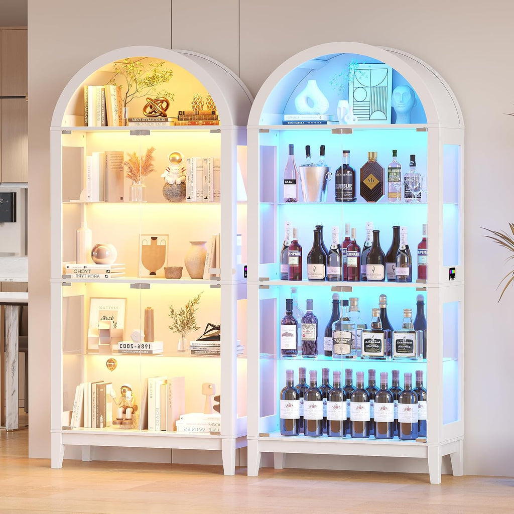 Lvifur Display Cabinet with - Glass Doors,Arched Curio Cabinet with RGB Lights for Collectibles,5-Tiers Tall Display Case with Human Sensor,Showcase Cabinet with Glass Shelf for Living Room (White)